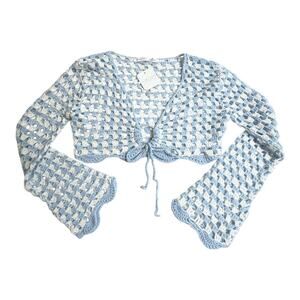 NEW Altard State CROCHET CARDIGAN Women’s XS Tie Front Bell Sleeve Crop Top Blue